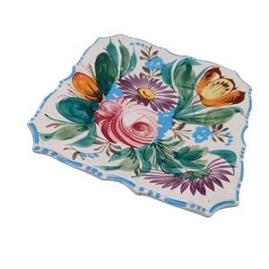 Vintage Italian Hand Painted Ceramic Floral Dish 7" Square Scalloped Italy